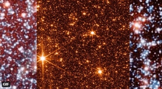 지상 천체망원경인 유럽남방천문대의 비스타망원경(좌우 양쪽 끝부분)과 제임스웹 우주망원경(가운데)의 해상도 비교. Mark McCaughrean 트위터