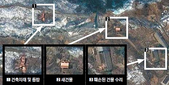 지난 3월 위성사진에 찍힌 북한 풍계리 핵실험장 일대. 새 건물과 시설 보수용 목재가 보인다. [뉴스1]