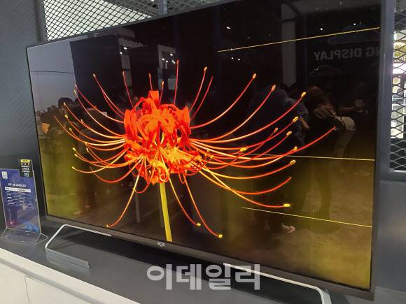 BOE가 디스플레이 위크 2022에 전시한 55형 8K AMQLED 패널에 노란색 줄이 가 있는 모습.