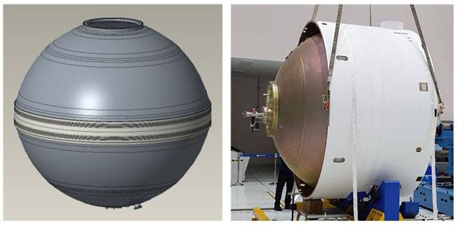 3단 산화제탱크 형상(왼쪽)과 실물(오른쪽),(사진=한국항공우주연구원)