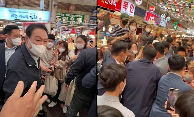 윤석열 대통령이 취임 후 첫 주말인 14일 서울 종로구 광장시장을 방문하고 있다.연합뉴스