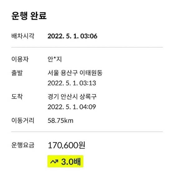 탄력요금 3배가 적용돼 서울 이태원에서 경기 안산까지 17만원 넘는 요금이 나온 내역서입니다.