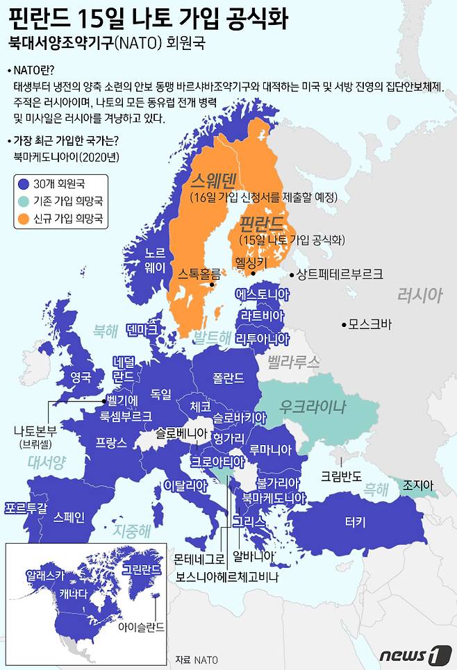 핀란드가 북대서양조약기구(NATO·나토) 가입을 시사한 가운데, 나토 사무총장과 미국, 프랑스 독일 등 주요 인사들이 일제히 핀란드의 가입 의사를 환영했다. © News1 이지원 디자이너