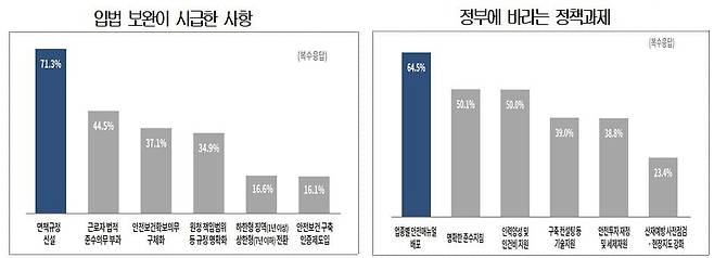 중대재해법 시행에 따른 입법 보완이 필요한 사항 및 정부에 바라는 정책 과제 그래프./대한상의 제공