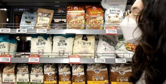 세계 2위 밀 생산국가인 인도가 식량 안보를 명분으로 밀 수출을 전격 금지해 국제시장에 적잖은 파장이 예상되는 가운데 15일 서울의 한 대형마트에 밀가루가 진열되어 있다. 사진=박범준 기자