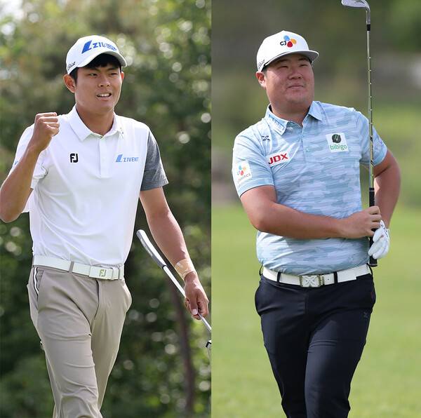 2022년 한국프로골프(KPGA) 코리안투어 신설 대회인 우리금융 챔피언십 우승을 차지한 장희민 프로와 연습라운드에서 동반한 임성재 프로. 사진제공=KPGA