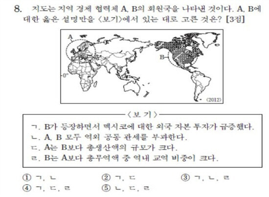 2014년 10월 항소심 법원이 1심을 뒤집고 ‘오류’를 인정한 2014학년도 대학수학능력시험 사회탐구영역 세계지리 8번 문항. 북미자유무역협정(NAFTA)과 유럽연합(EU) 지역을 표시한 뒤 지문 4개(㉠~㉣) 중 옳은 것만 모아놓은 보기를 고르는 문제다. 평가원은 보기 ②번(㉠, ㉢)이 정답이라고 채점했지만, 항소심 재판부는 2012년 기준으로 나프타의 총생산액이 유럽연합을 추월했기 때문에 ㉢지문은 틀린 설명이라고 판단했다. 한국교육과정평가원 제공