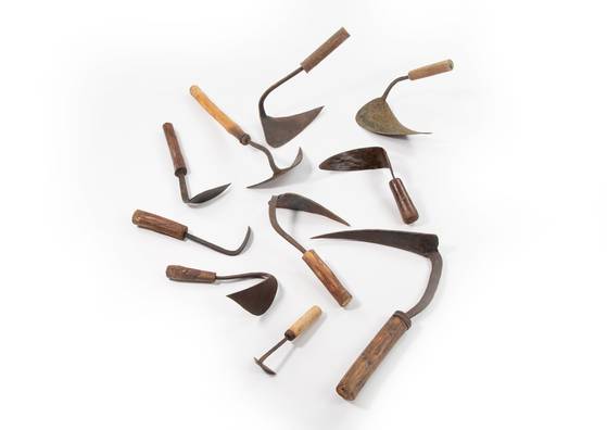 Different types of homi, or traditional Korean hoe. [NATIONAL FOLK MUSEUM OF KOREA]