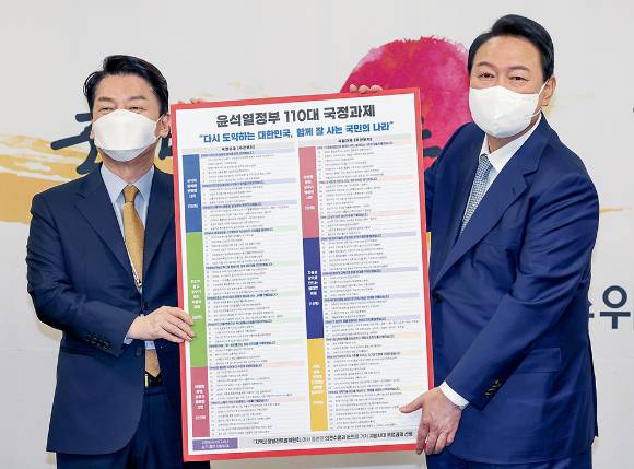 110대 국정과제 함께 든 윤석열 대통령·안철수 전대통령직인수위원장/사진=뉴스1