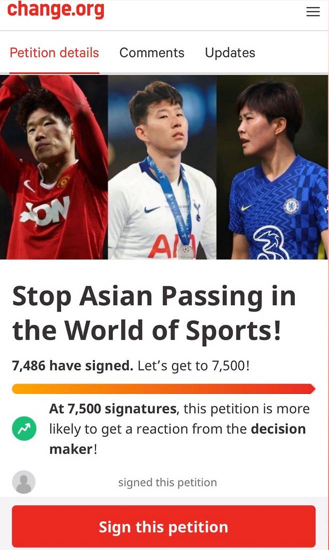 www.change.org에서 스포츠계의 ‘아시아 패싱’을 반대하는 청원이 진행 중이다.
