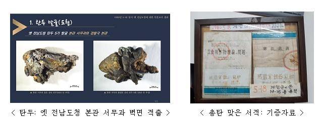 옛전남도청 본관 서무과 벽면에서 적출한 탄두(왼쪽)와 총탄 맞은 서적 [문화체육관광부 제공]