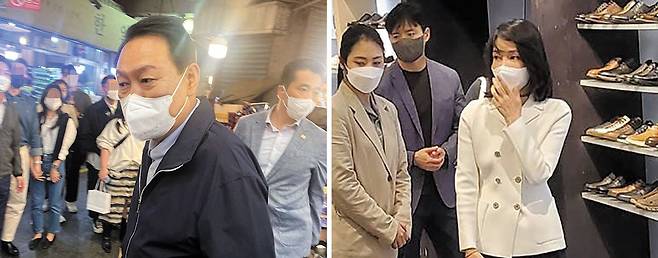 윤석열 대통령이 취임 후 첫 주말인 지난 14일 서울 종로구 광장시장을 방문했다(왼쪽 사진). 윤 대통령은 이날 김건희 여사와 함께 서울 강남의 한 백화점에서 구두 두 켤레를 구입하기도 했다(오른쪽). 예정에 없었던 대통령 부부의 이날 외출에는 최소한의 경호 인력만 동행했다. /연합뉴스·독자제공