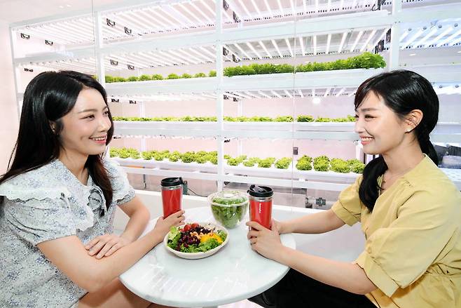 모델들이 16일 서울 성산동 홈플러스 월드컵점에 오픈한 스마트팜 카페 팜스365에서 재배 작물로 만든 샐러드와 음료를 먹는 모습