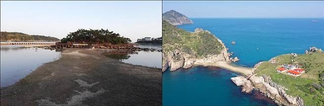 [부산=뉴시스] 경상남도 창원시 동섬(왼쪽)과 통영시 소매몰도(오른쪽) 바다갈라짐. (사진= 국립해양조사원 제공) *재판매 및 DB 금지