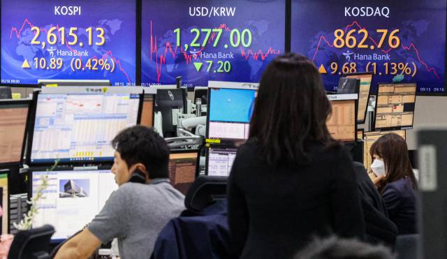 16일 오전 서울 중구 하나은행 본점 딜링룸 모니터 이날 거래를 시작한 코스피, 원/달러 환율, 코스닥 지수가 표시돼 있다. / 사진=연합뉴스
