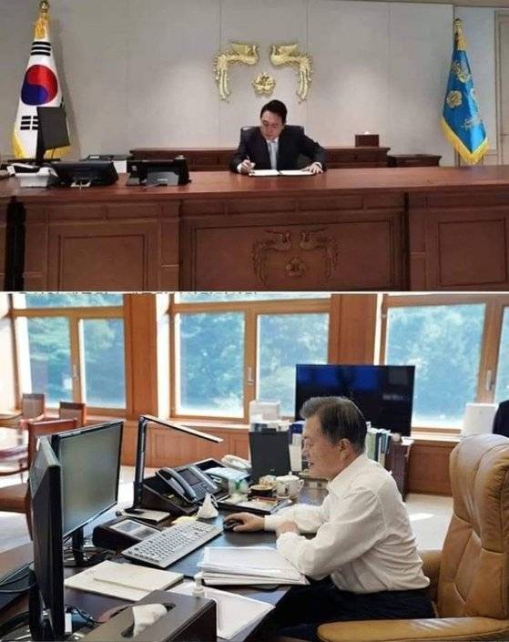 윤석열 대통령 집무실(위), 문재인 전 대통령 집무실  [사진=이경 대변인 페이스북]