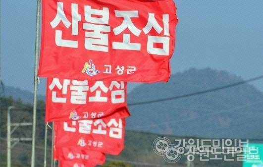 ▲ 강원 고성군 한 도로변에 설치된 산불조심 깃발이 바람에 휘날리고 있다.[강원도민일보 자료사진]