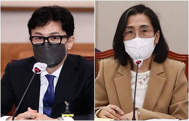 (왼쪽부터) 한동훈 법무부 장관-김현숙 여성가족부 장관 [연합뉴스 자료사진]