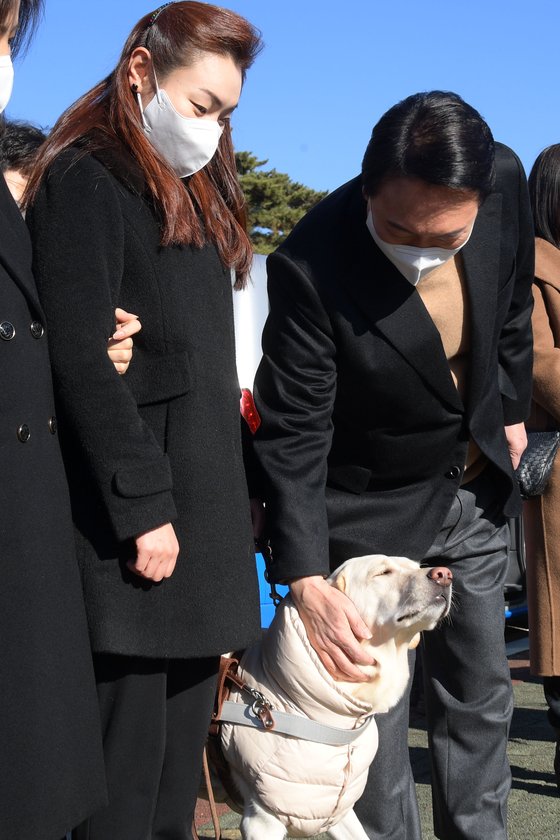 윤 대통령이 지난해 12월 김 의원의 안내견 조이와 인사하는 모습. [국회사진기자단]