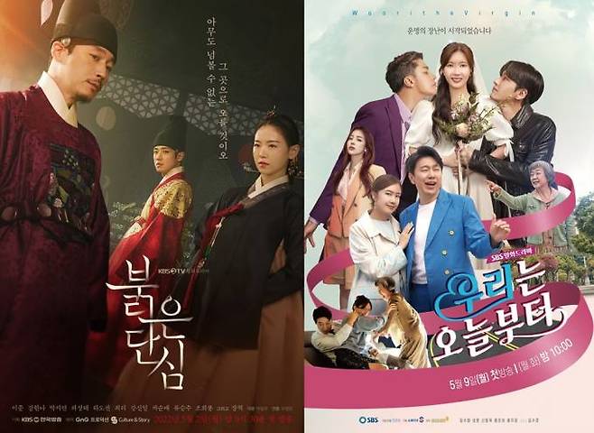 월화드라마로 방영되고 있는 KBS2 ‘붉은 단심’(왼쪽)과 SBS ‘우리는 오늘부터’ 포스터.