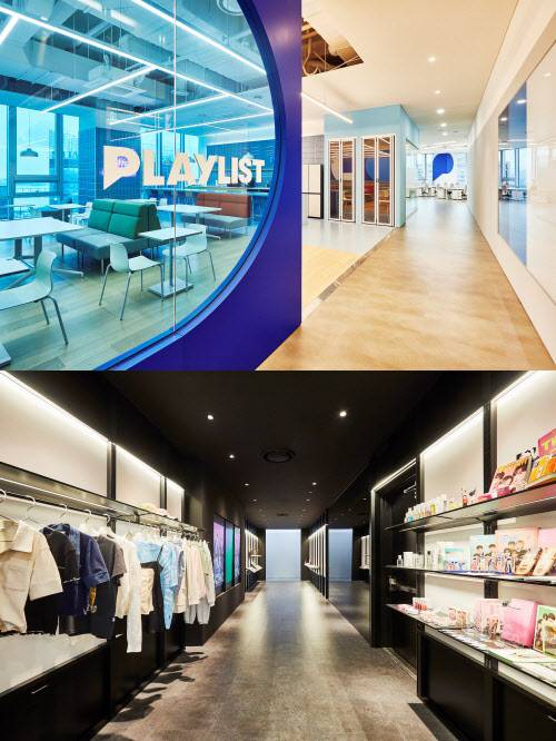 자율적·개방적 공간 구성의 플레이리스트 사옥 내부(위). 한켠에 콘텐츠 관련 소품 및 MD 상품이 진열돼있다.
