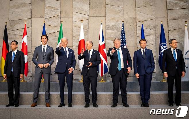 올해 3월 25일 벨기에 브뤼셀에서 개최된 주요 7개국(G7) 정상회의 직전 기념촬영 모습. © 로이터=뉴스1