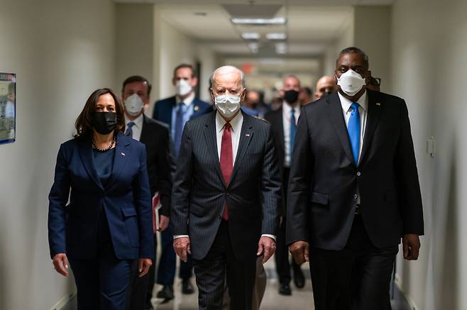 President Joe Biden and Vice President Kamala Harris, joined by Secretary of Defense Lloyd Austin, tour the Pentagon Wednesday, Feb. 10. 2021, in Arlington, Virginia. (File Photo - White House)