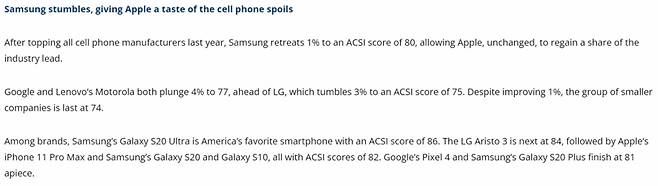 미국 소비자 스마트폰 만족도 순위. /사진=ACSI 홈페이지 캡처