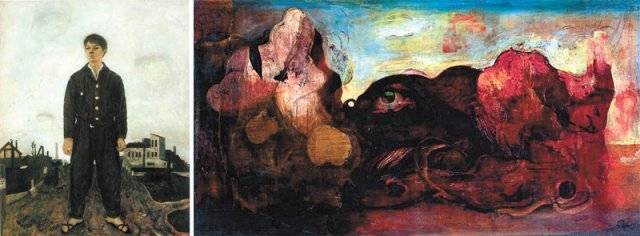 일본 근대화가 마쓰모토 슌스케가 1942년 그린 ‘서 있는 상’(왼쪽). 우뚝 서서 한곳을 응시하고 있는 이 남성의 그림을 통해 
마쓰모토는 제2차 세계대전에 대한 비판의식을 드러냈다. 아이미쓰 작가의 ‘눈이 있는 풍경’(오른쪽)은 ‘서 있는 상’과 함께 전시
 체제 속에 피어난 저항정신의 상징으로 평가받는다. 연립서가 제공