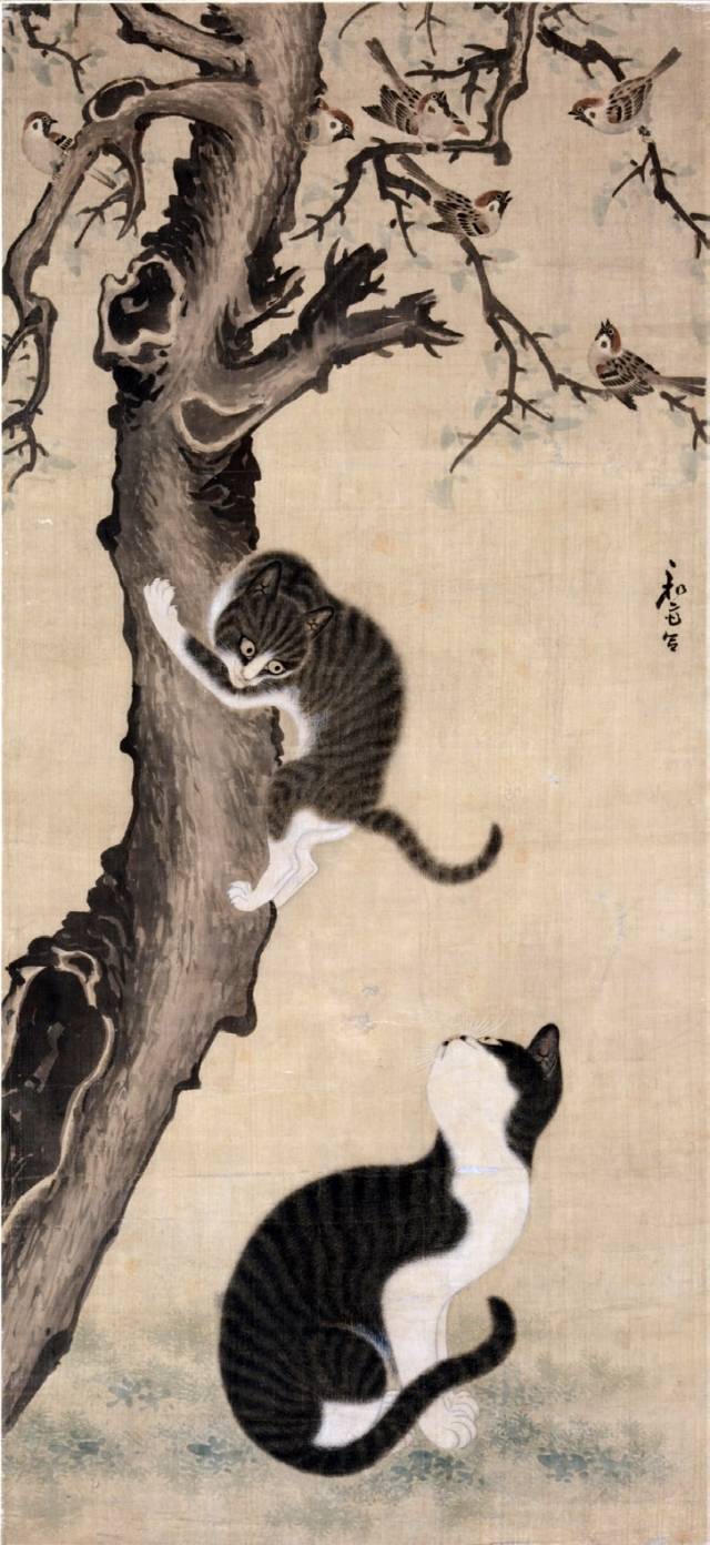 영조대에 활동한 화가 변상벽(卞相璧)이 그린 <고양이와 참새(猫雀圖)>. 국립중앙박물관 소장