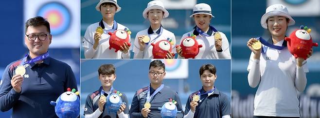 [광주=뉴시스] 류형근 기자 = 광주2022현대양궁월드컵 개막 6일째인 22일 오전 광주 광산구 광주여자대학교 운동장에서 열린 리커브 남자 개인전 시상식에서 이우진(청주시청)이, 리커브 여자 단체전 시상식에서 안산(광주여대)·최미선(순천시청)·이가현(대전체육회)이, 리커브 남자 단체전 시상식에서 김제덕(경북일고)·김우진(청주시청)·이우석(코오롱)이, 리커브 여자 개인전 시상식에서 최미선(순천시청)이 금메달을 들어보이고 있다.  2022.05.22. hgryu77@newsis.com