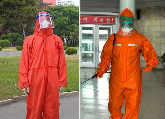 북한에 신종 코로나바이러스 감염증(코로나19) 확산세가 가파른 가운데 19일 조선중앙TV 카메라에 잡힌 방역요원(왼쪽)이 영문으로 'Face Shield'(안면보호구)라고 적힌 안면보호구를 착용하고 있다. 이틀 전인 17일 카메라에 포착됐던 안면보호구와 모양새가 다르다. 〈사진=조선중앙TV〉