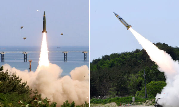 북한이 25일 오전 평양 일대에서 동해상에 대륙간탄도미사일(ICBM)로 추정되는 발사체 등 탄도미사일 3발을 발사한 가운데 한·미 군 당국이 동해상으로 ‘현무-2’ 탄도미사일(왼쪽 사진)과 전술지대지미사일 ‘에이태킴스’를 발사하고 있다. 합동참모본부 제공