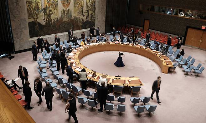 지난 11일(현지시간) 미국 뉴욕 UN 본부에서 근래의 북한 미사일 시험 발사 문제 등을 다루는 UN 안보리 회의가 열리고 있다. AFP연합뉴스