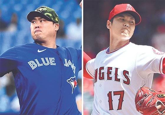 토론토 투수 류현진(왼쪽)이 27일 LA에인절스 오타니(오른쪽)와 맞대결을 펼친다. [AP·AFP=연합뉴스]
