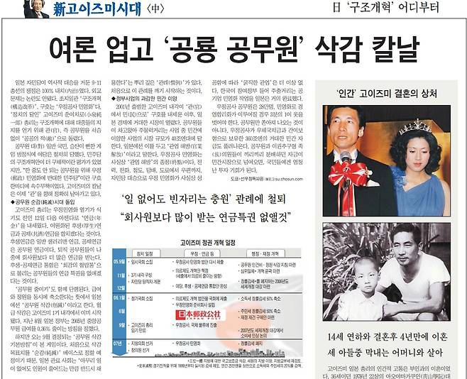 2005년 9월 14일 조선일보 종합 16면. 2004년 연금 개정을 이끌었던 고이즈미 전 총리는 2005년에도 “국가재정이 파탄나지 않으려면 후생연금과 공무원연금도 일원화해야 한다”며 개혁을 멈추지 않았다./조선DB