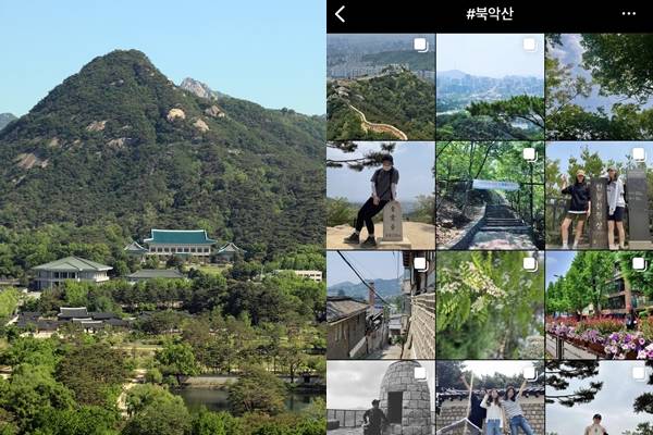 청와대 정문 앞과 옆 인근 길거리를 찾는 시민들 외에도 청와대 뒤편에 자리한 북악산을 찾는 시민도 많아졌다. 사진은 북악산 전경(왼쪽)과 인스타그램에 '#북악산'을 해시태그한 게시물들. /사진=뉴스1, 박정경 기자