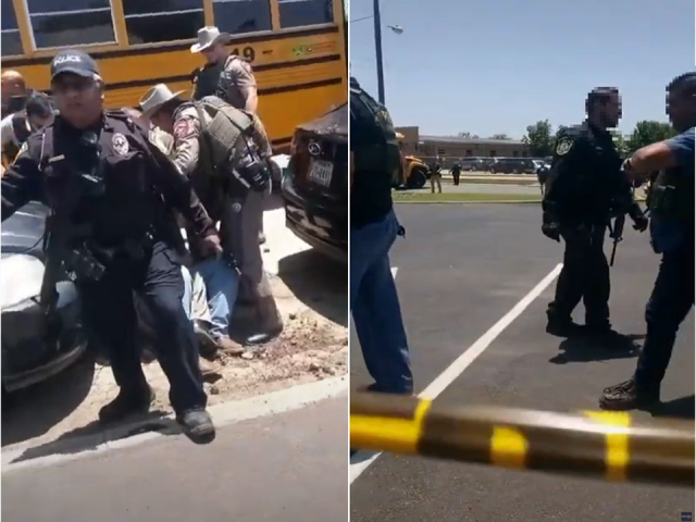 지난 24일(현지시간) 총기난사 사고가 일어난 미국 텍사스주 유밸디 초등학교에서 교내에 진입하지 않는 경찰들(오른쪽)에게 아이들을 구해달라고 울부짖던 학부모를 체포(왼쪽)하는 등 현장 모습이 담긴 영상이 공개되면서 경찰의 초동 대처가 문제가 있었다는 지적이 제기됐다. 트위터 캡처