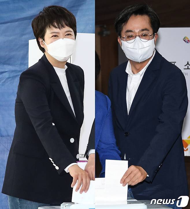 제8회 전국동시지방선거 사전투표 첫 날인 27일 김은혜 국민의힘(왼쪽), 김동연 더불어민주당 경기도지사 후보가 각각 성남과 수원에 마련된 사전투표소에서 투표를 하고 있다. 2022.5.27/뉴스1 © News1 국회사진취재단