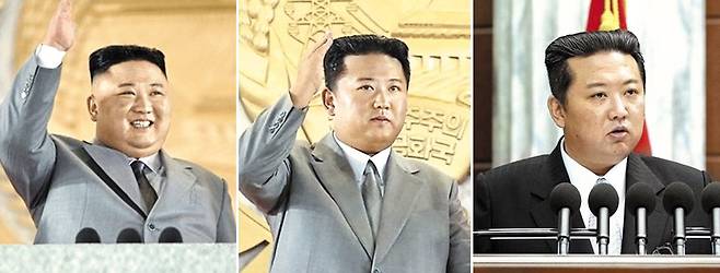 김정은 국무위원장 체중 변화. 왼쪽부터 2020년 10월 노동당 창건 기념 열병식, 지난해 9월 정권 수립 경축식, 지난해 12월28일 당 전원회의. /조선중앙통신 연합뉴스
