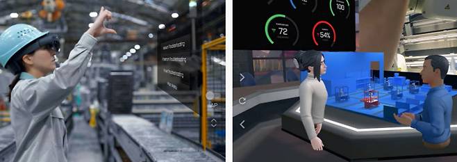일본 고베에 있는 가와사키중공업의 생산 공장에서 직원이 홀로렌즈를 끼고 기기를 점검하면(왼쪽) 메타버스 공간인 디지털트윈에서 원격으로 기술자가 문제를 해결한다(오른쪽). MS유튜브 캡처