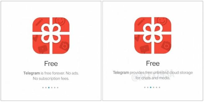 왼쪽부터 이전 텔레그램 소개글과 출시를 앞둔 베타 버전 앱 소개글. '서비스를 영원히 무료로 제공한다'는 내용 대신 클라우드 저장용량을 무제한으로 제공하겠다는 내용이 포함됐다.
