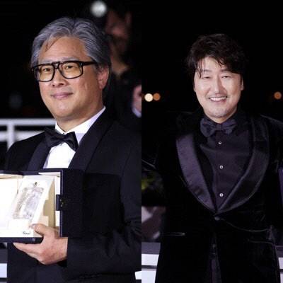 한국 최초로 ‘칸 영화제 2관왕’ 낭보를 전한 박찬욱 감독과 배우 송강호. 연합뉴스 갈무리