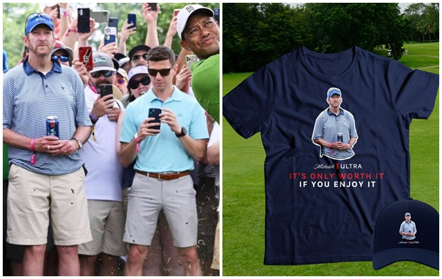 지난 20일(한국시각) 미국 PGA챔피언십 둘째 날 타이거 우즈 옆에서 맥주를 들고 서 있던 한 남성이 돈벼락을 맞게 됐다. 사진은 남성으로 모습으로 만들어진 티셔츠와 모자. /사진=트위터