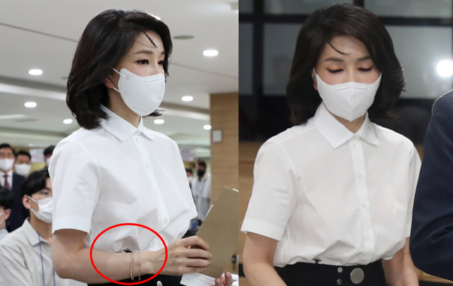 김건희 여사가 사전투표 당시 착용한 블라우스. 붉은 원 안에 꿀벌 자수가 보인다. 연합뉴스