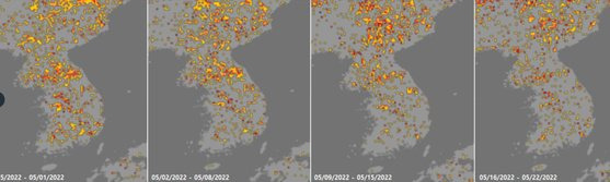 4월과 5월 사이 북한 가뭄지수를 보여주는 미 국립해양대기청(NOAA) 자료. '심각'을 나타내는 검붉은색 점을 북한 곳곳에서 볼 수 있다. 사진 NOAA