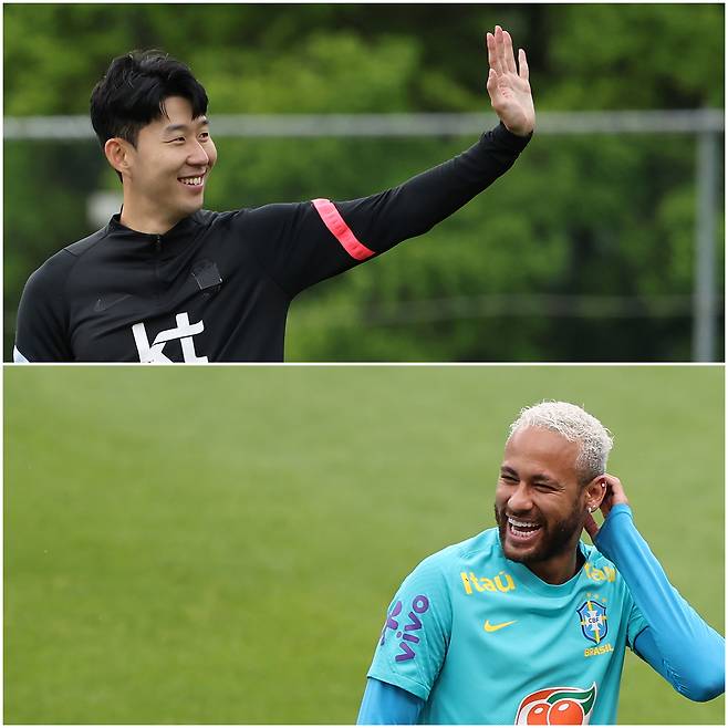 다음 달 2일 브라질 축구대표팀과 평가전을 치를 한국 축구대표팀의 주장 손흥민(위)이 30일 파주 NFC(축구대표팀 트레이닝센터)에서 팬들에게 인사하고 있다. 같은 시각 브라질 축구대표팀의 심장 네이마르가 경기 고양 종합운동장에서 밝게 웃고 있다. /연합뉴스