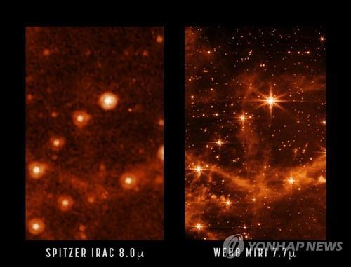 스피처 망원경이 포착한 이미지(왼쪽)와 비교한 웹 망원경 포착 이미지 [NASA/JPL-Caltech (left), NASA/ESA/CSA/STScI (right) 제공/ 재판매 및 DB 금지]