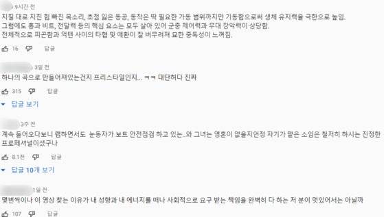 김한나씨 영상에 달린 댓글들. "프로페셔널"이라는 반응이 많다. 사진 유튜브 캡처