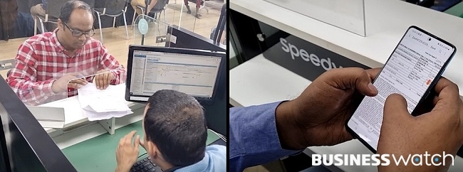 과거 삼성전자 인도 서비스 센터에서 서비스 내역을 종이문서로 제공하는 모습(왼쪽)과 현재 스마트폰에서 전자문서로 확인하는 모습(오른쪽) /사진=삼성전자 제공